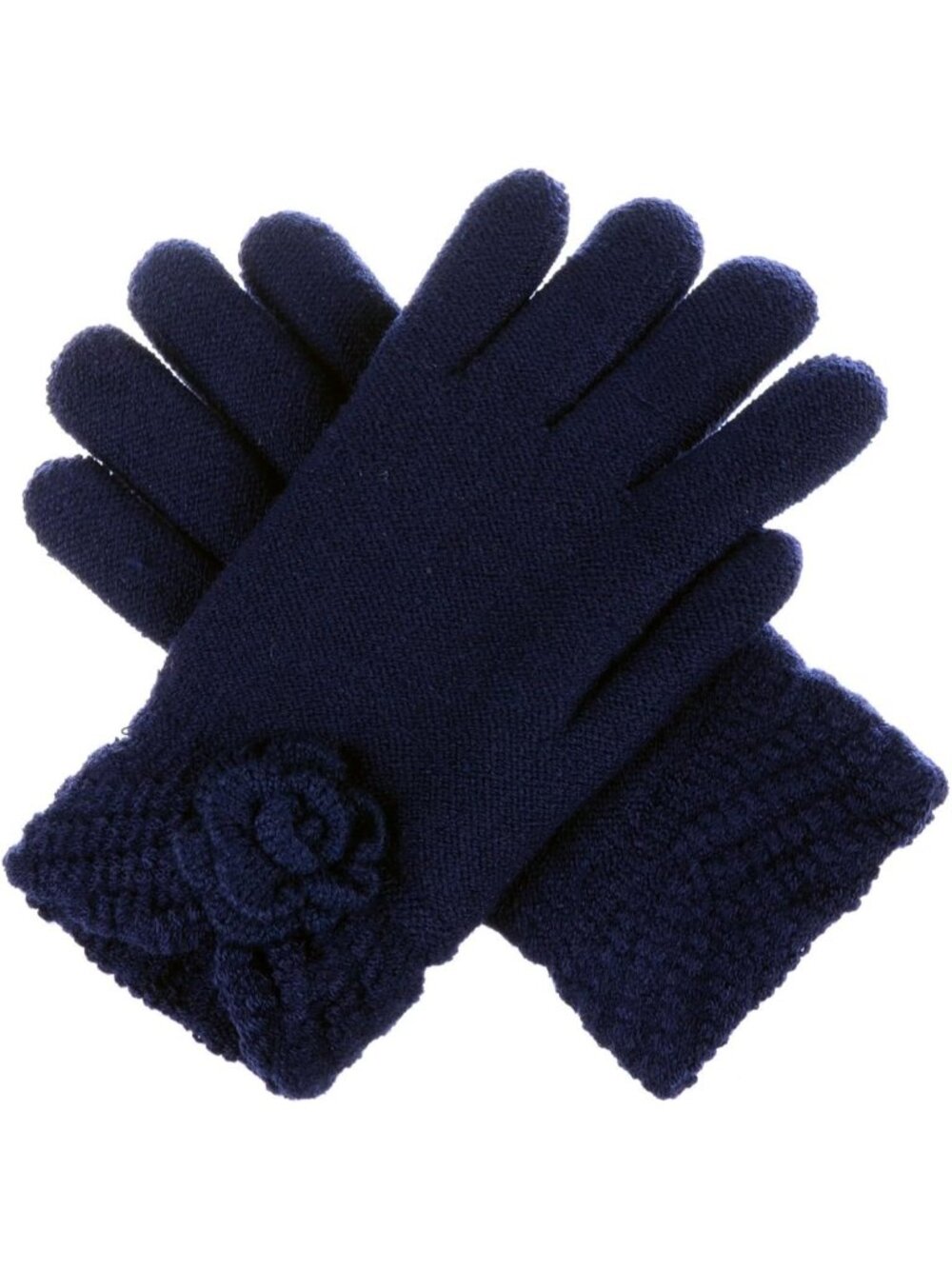 Women's Navy Winter Fashion Flower Cuff Warm Faux Fur Fleece Lined Knit Gloves